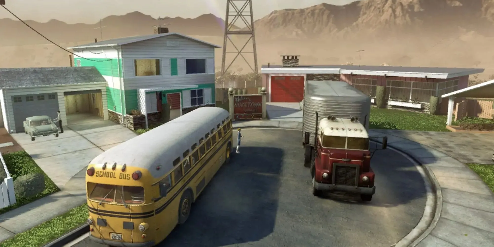 Khung cảnh quen thuộc của bản đồ Nuketown trong Call of Duty, một tựa game FPS đình đám