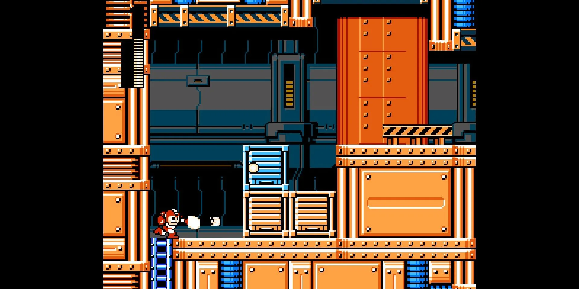 Mega Man trong Mega Man Maker sử dụng kỹ năng đấm trong một căn phòng kim loại