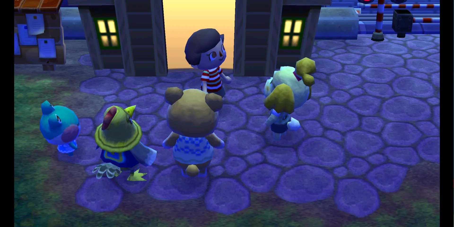 Người chơi bước vào thị trấn Animal Crossing New Leaf vào ban đêm, dưới ánh đèn lung linh huyền ảo.