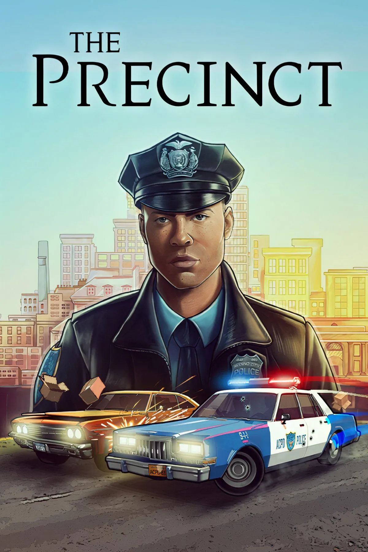 Nhân vật chính Cordell trong The Precinct đứng cạnh xe cảnh sát