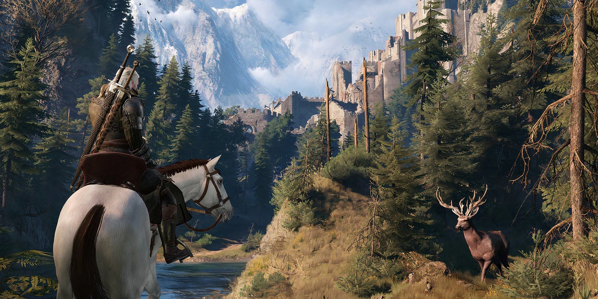 Geralt cưỡi ngựa đi lại giữa dân thường trong game The Witcher 3 Wild Hunt