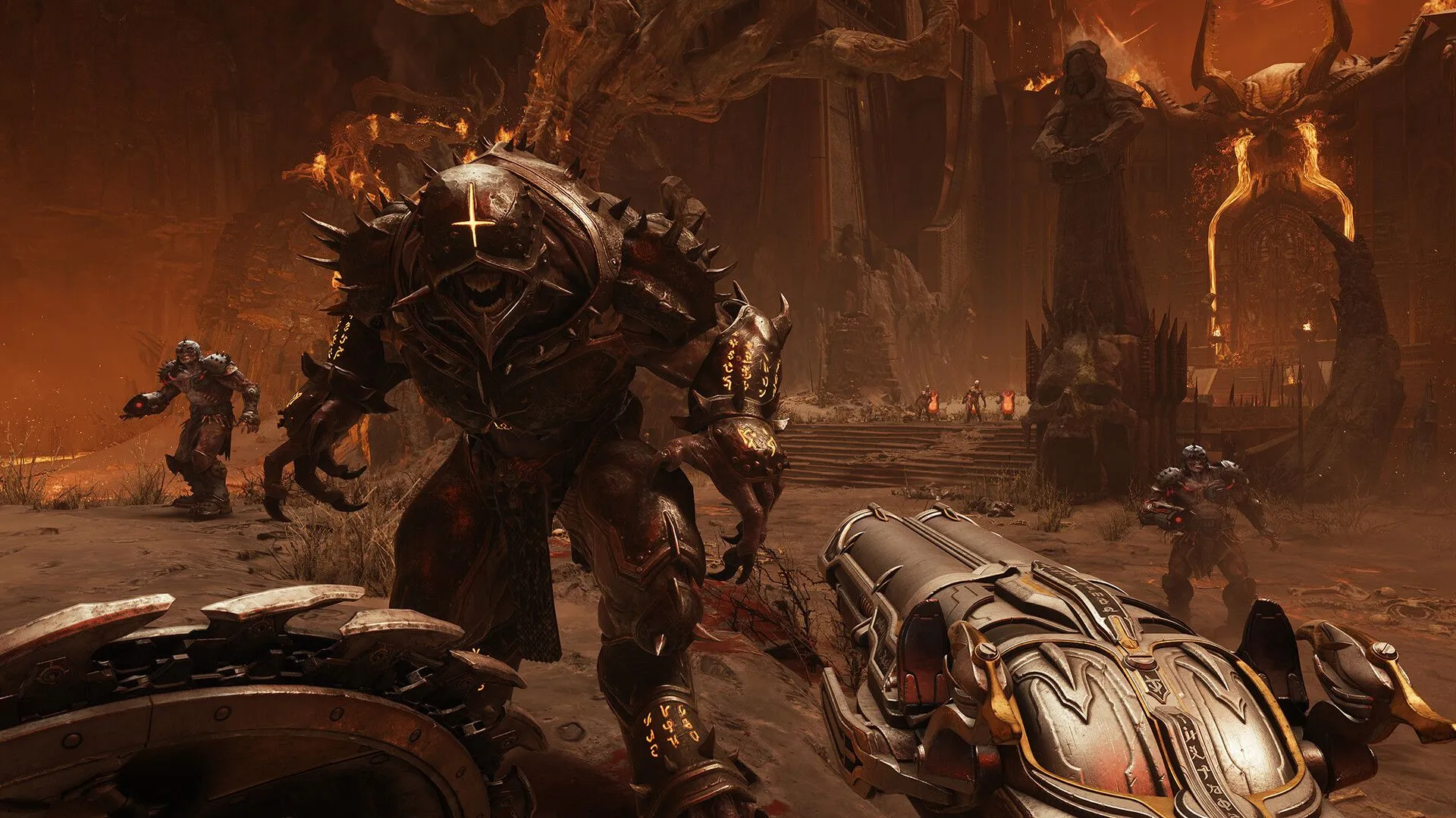 Ảnh chụp màn hình gameplay Doom: The Dark Ages, cho thấy Doom Slayer đang đối đầu với quỷ dữ trong bối cảnh thời Trung Cổ đen tối