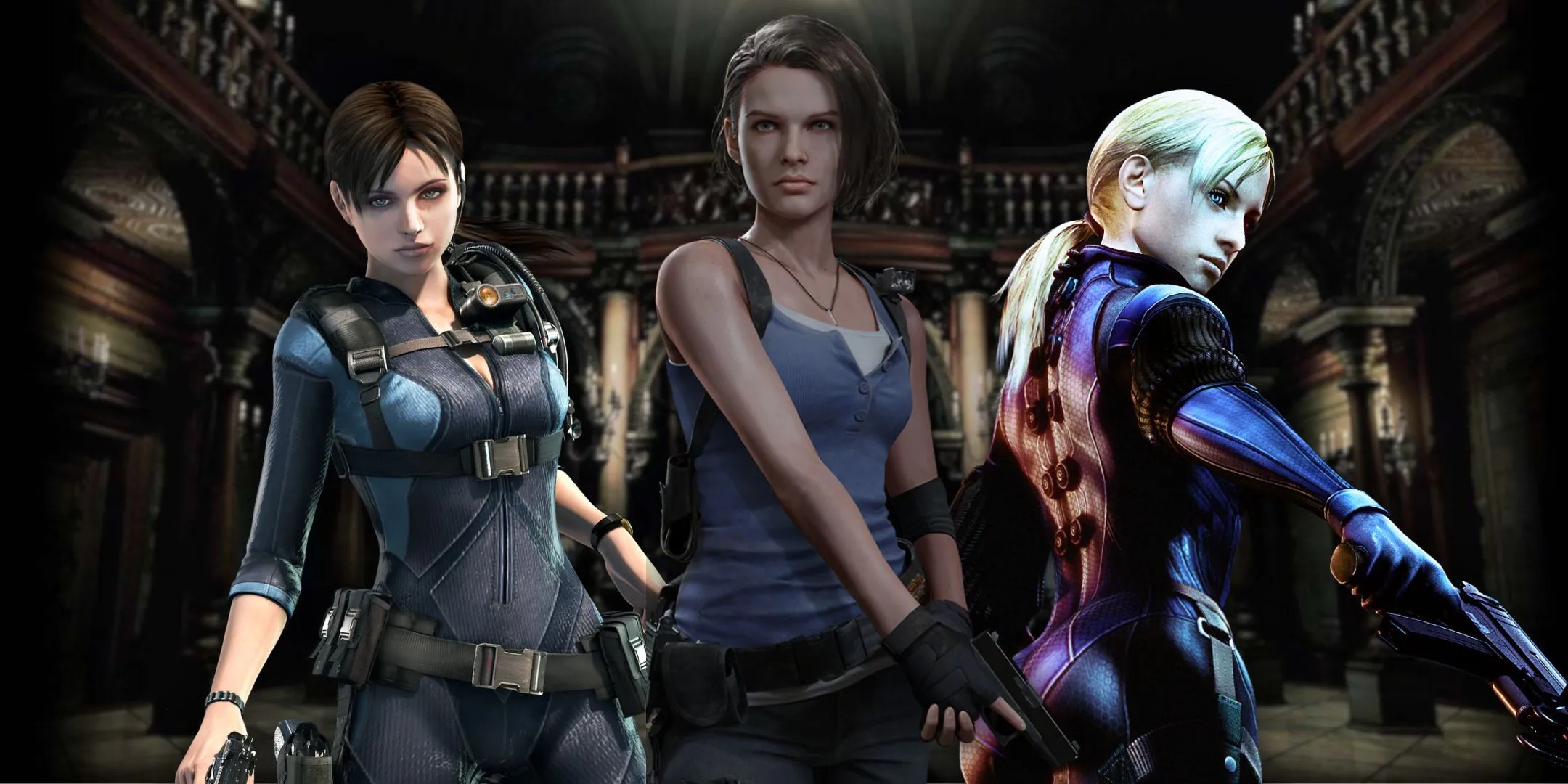 Ba hình ảnh khác nhau của Jill Valentine với dinh thự Spencer Mansion làm nền, minh họa sự phát triển của nhân vật trong series Resident Evil