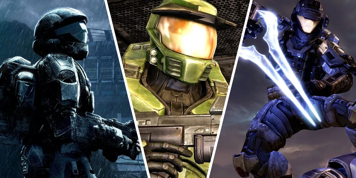 Ba nhân vật chính từ các phiên bản Halo khác nhau: Rookie từ ODST, Master Chief trong Halo CE và Noble Six từ Reach, minh họa cho bộ sưu tập Halo: The Master Chief Collection trên Game Pass