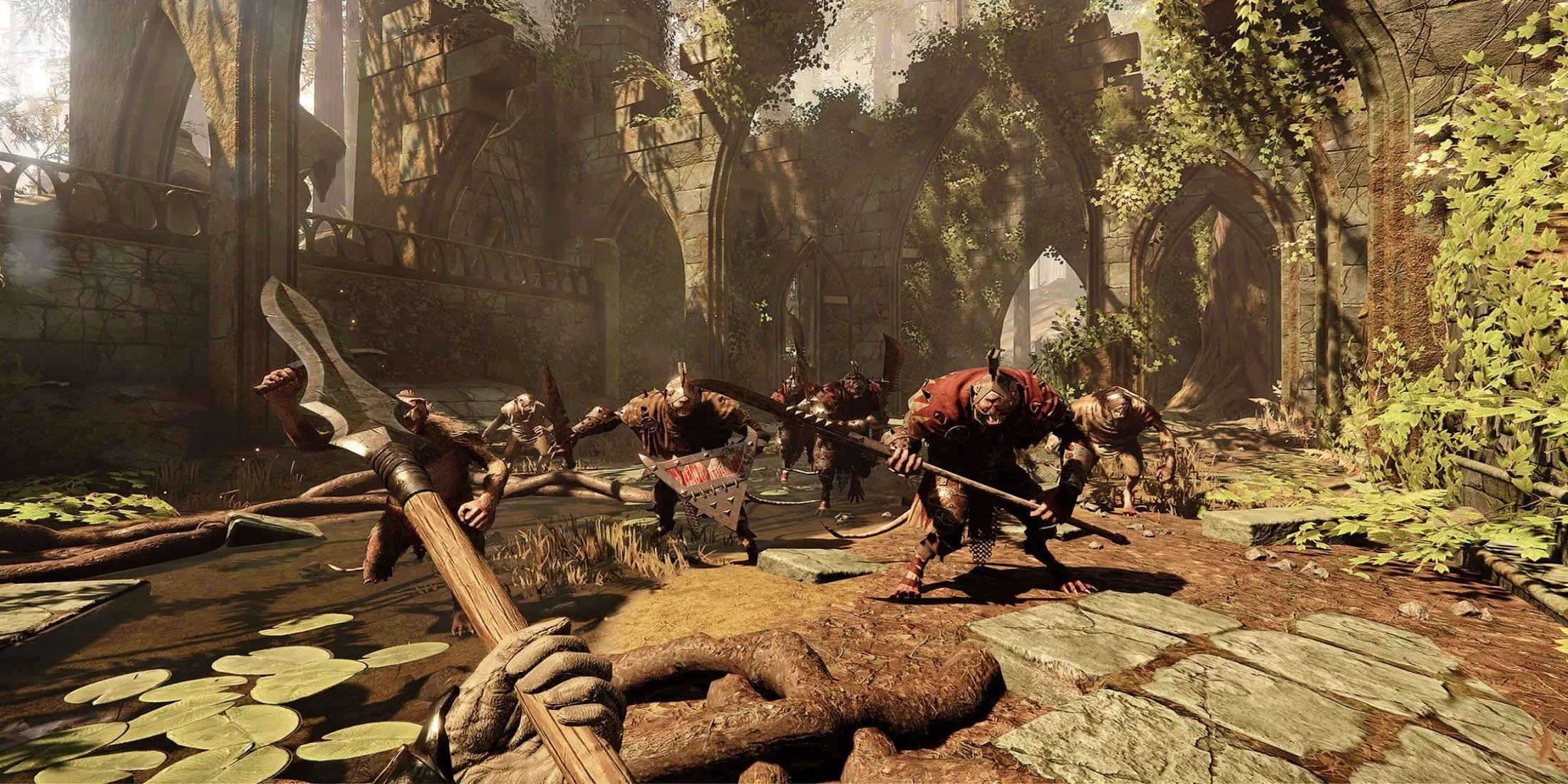 Các anh hùng đối mặt với đội quân Skaven đông đảo trong Warhammer: Vermintide 2, thể hiện lối chơi hợp tác hành động máu lửa của game