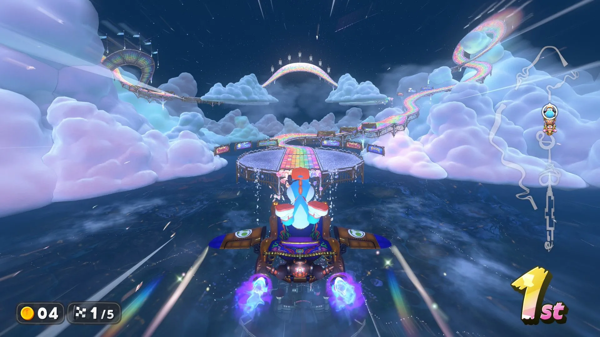 Cảnh đua trên đường đua Cầu Vồng (Rainbow Road) trong Mario Kart World