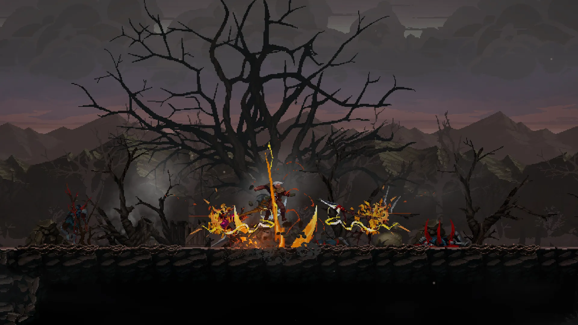 Cảnh quan màn chơi trong Dragon Is Dead với đồ họa pixel art.