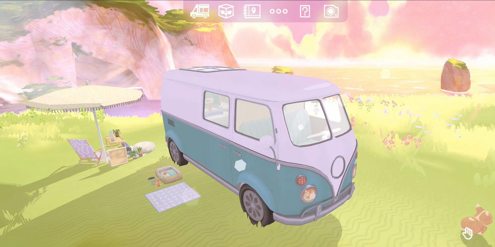 Cảnh xe camper van tại bãi đậu cạnh vách núi trong game Camper Van Make it Home, thể hiện môi trường thư giãn