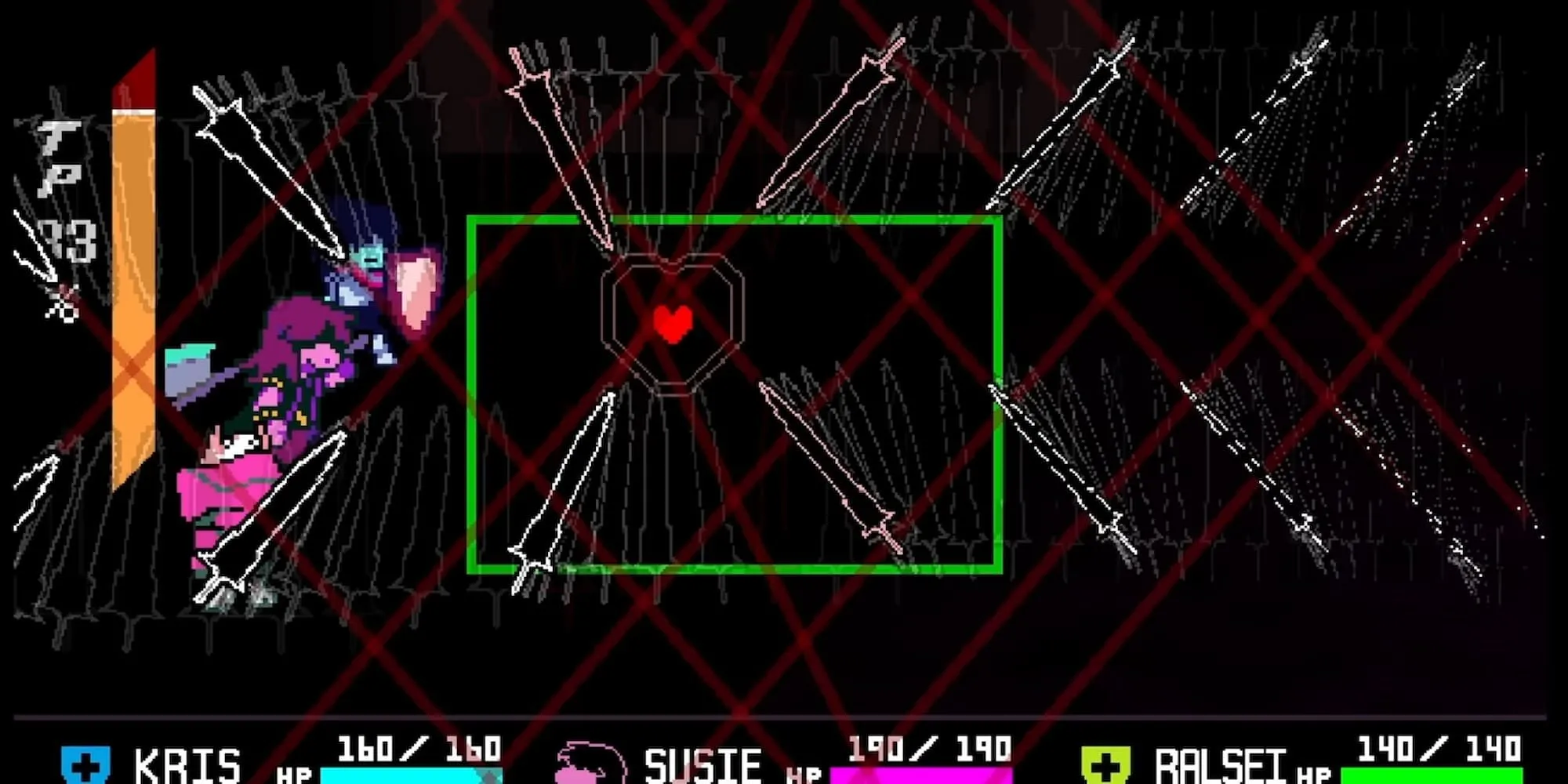 Chiêu thức &quot;Đường Hầm Kiếm&quot; đầy thử thách của boss Roaring Knight trong Deltarune Chapter 3.