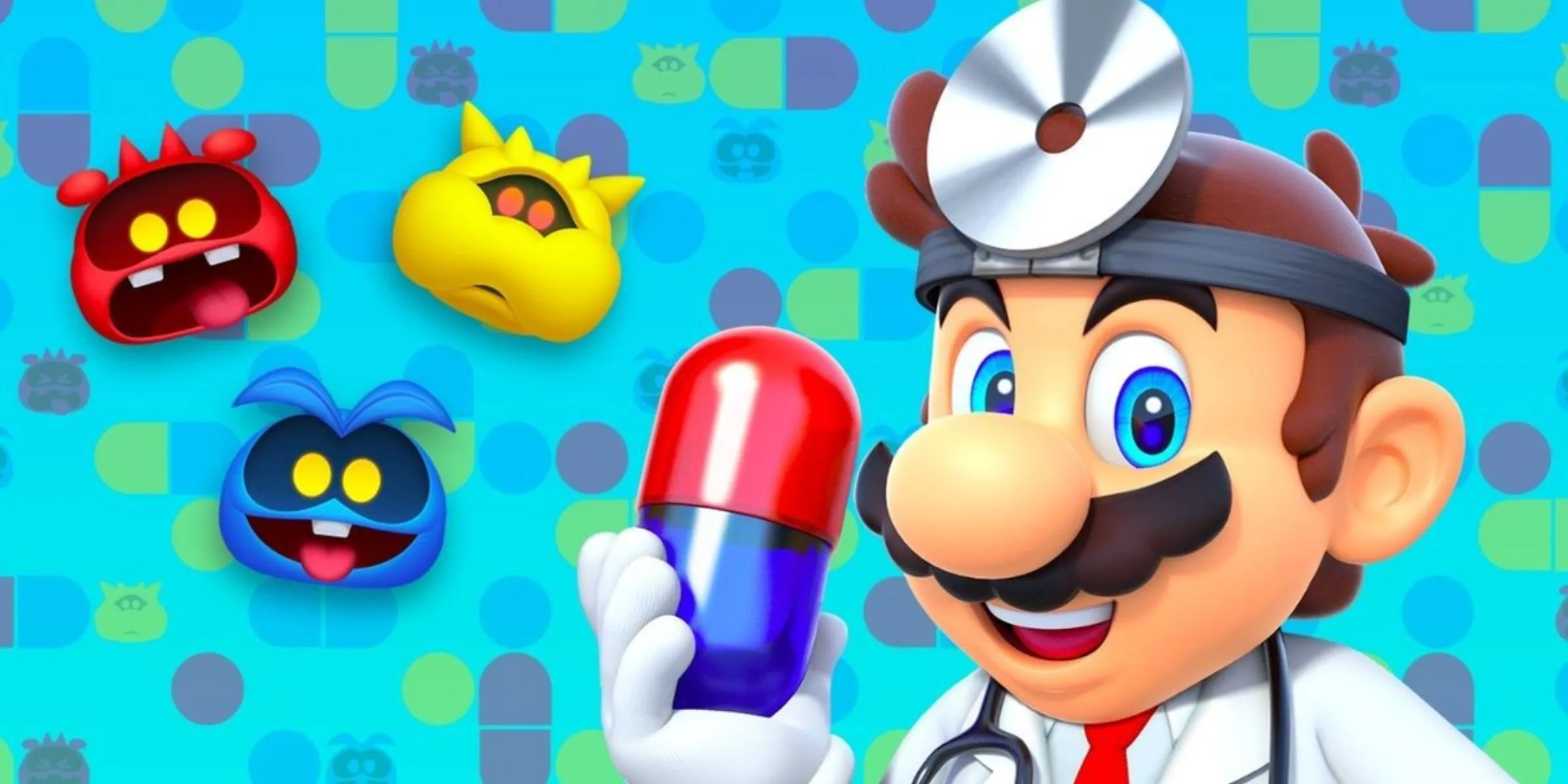 Dr. Mario cầm viên thuốc cùng ba virus từ Dr. Mario World, biểu tượng của thuốc chống trầm cảm theo phong cách gaming