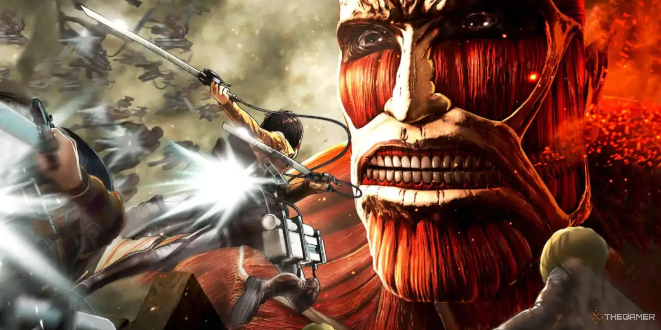 Erin Yeager sử dụng hệ thống Omni-Directional Mobility Gear (ODM) để tiếp cận Titan Khổng Lồ trong Attack On Titan: Wings Of Freedom