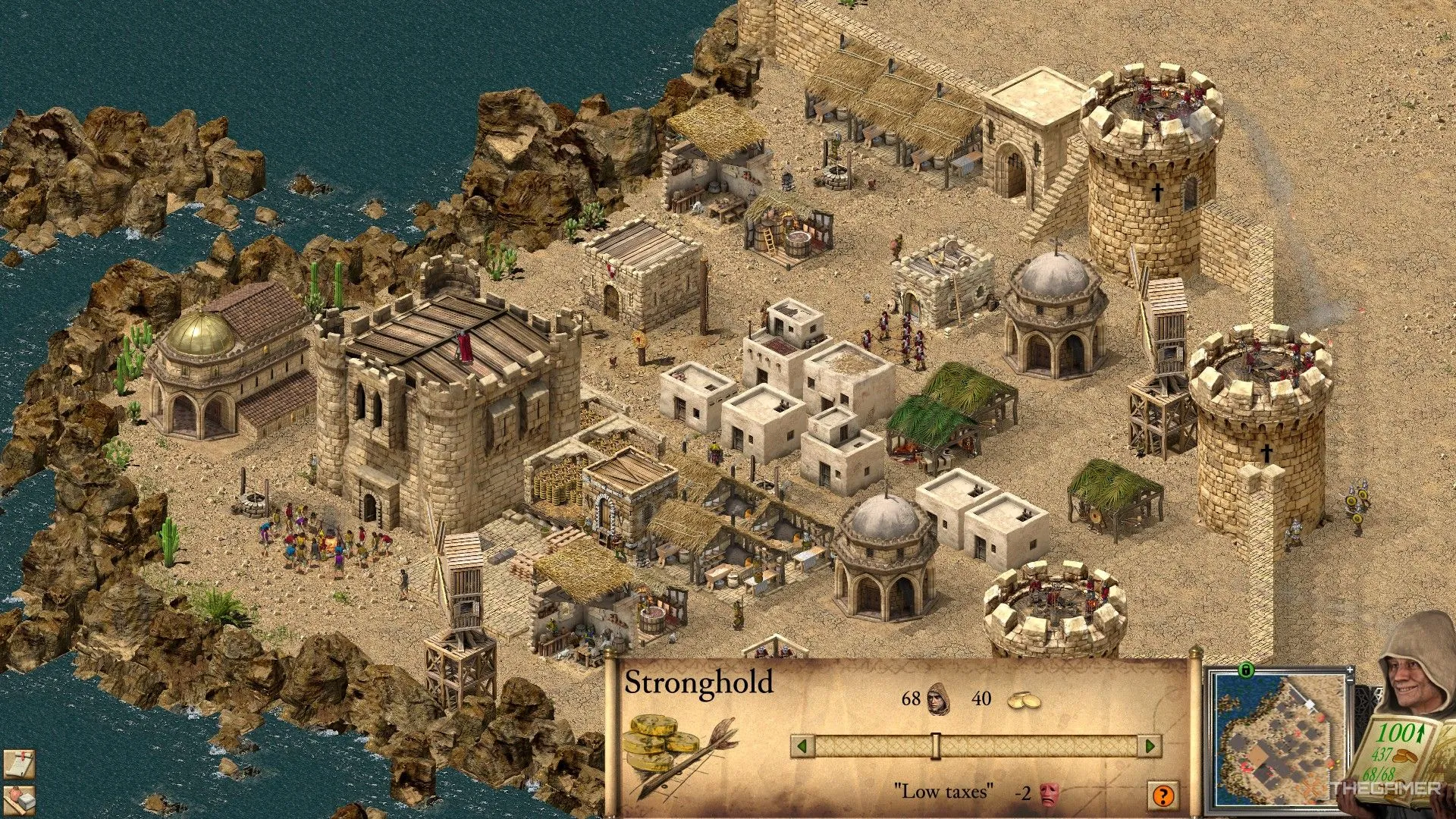 Giao diện điều chỉnh thanh trượt thuế tại Keep (Cung điện) trong Stronghold Crusader Definitive Edition, ảnh hưởng trực tiếp đến Popularity và nguồn vàng của vương quốc.