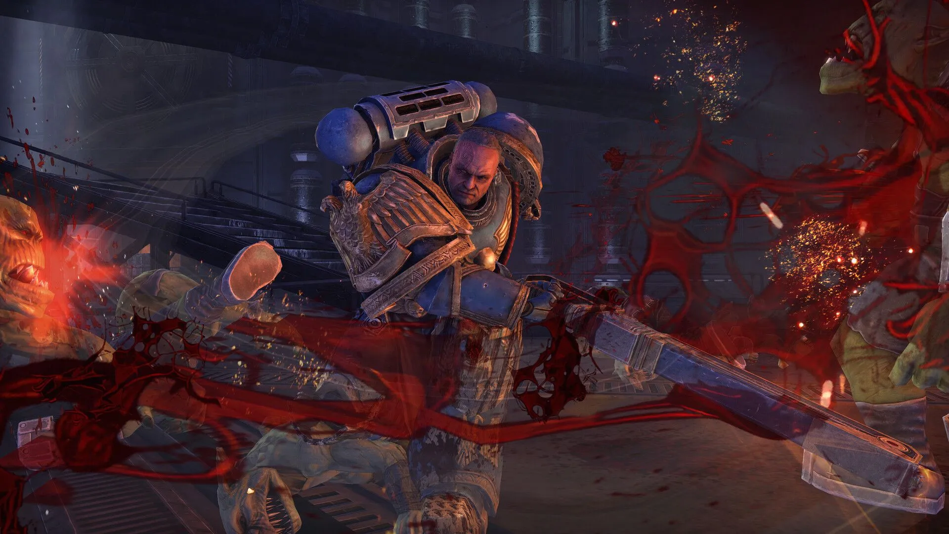 Góc nhìn cận cảnh từ gameplay của Space Marine - Master Crafted Edition, chi tiết về thiết kế giáp trụ và vũ khí của Space Marine