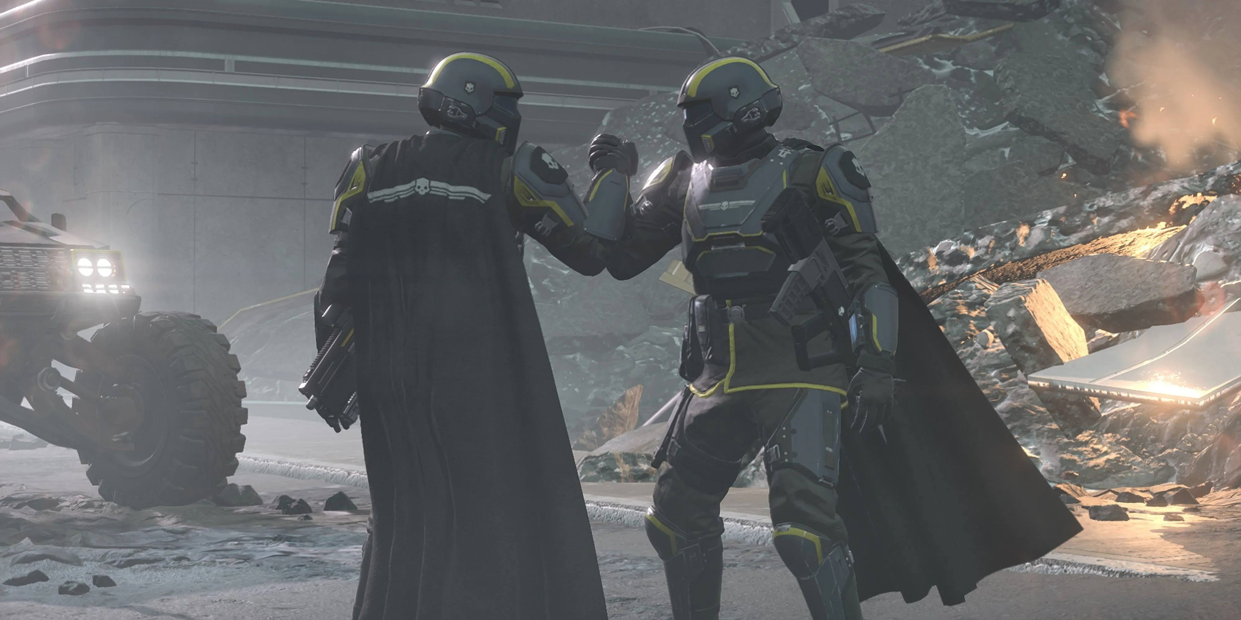 Hai binh sĩ Helldivers bắt tay, thể hiện tinh thần đồng đội trong Helldivers 2.