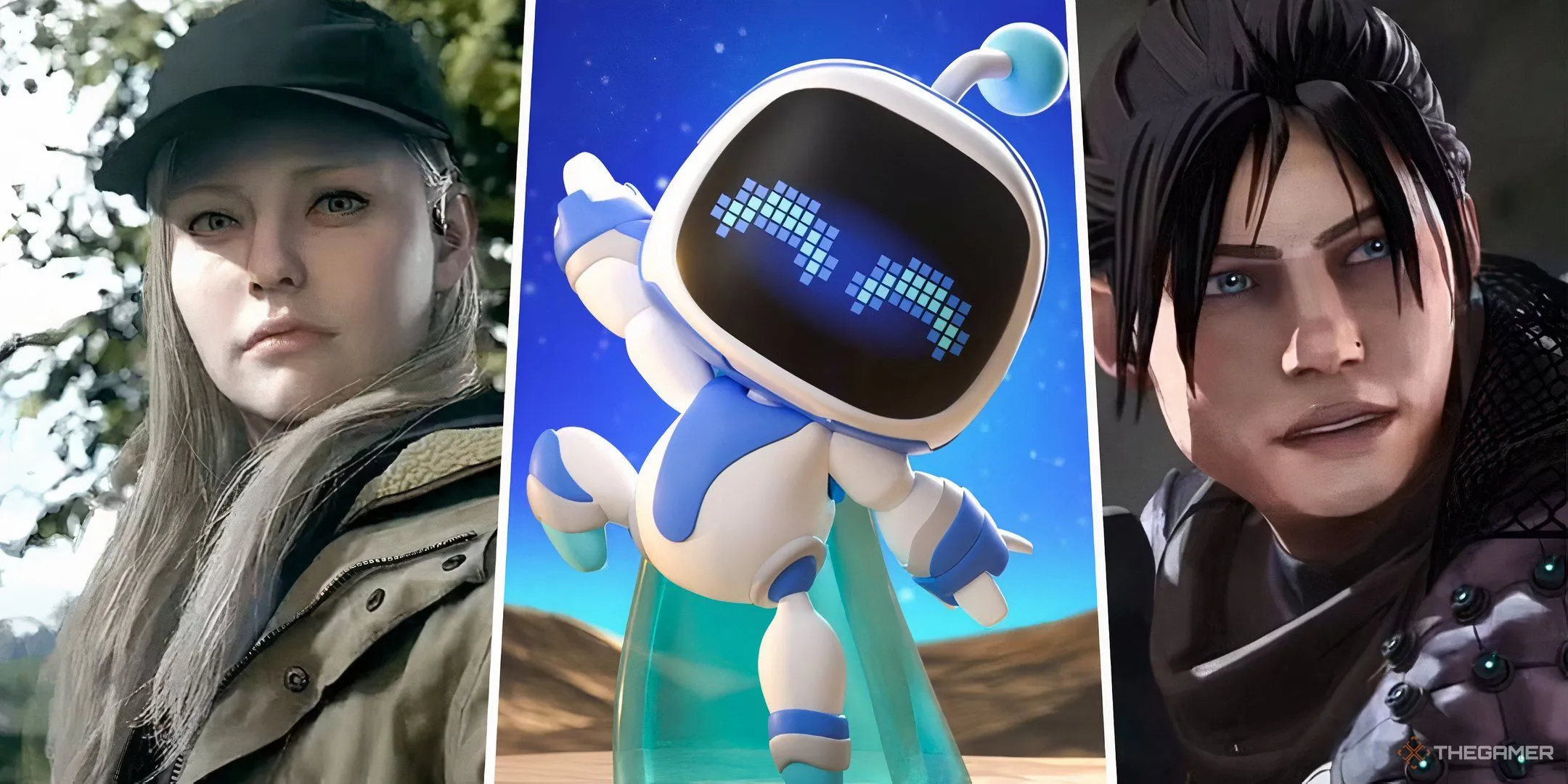 Hình ảnh ghép nhân vật Resident Evil, Astro Bot và Apex Legends minh họa các thể loại game khác nhau