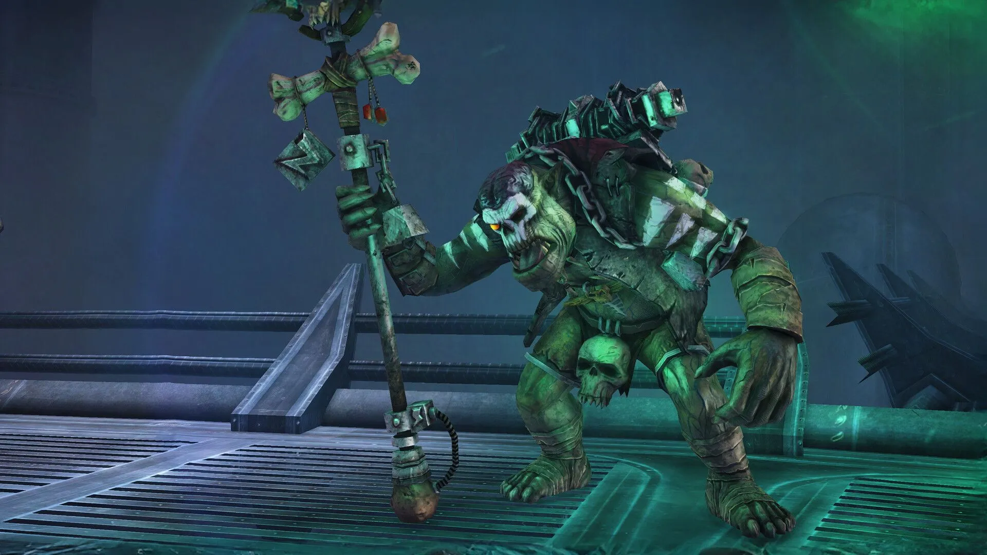 Hình ảnh Space Marine Titus sử dụng vũ khí hạng nặng trong cuộc chiến chống lại quân đoàn Ork trên hành tinh Graia