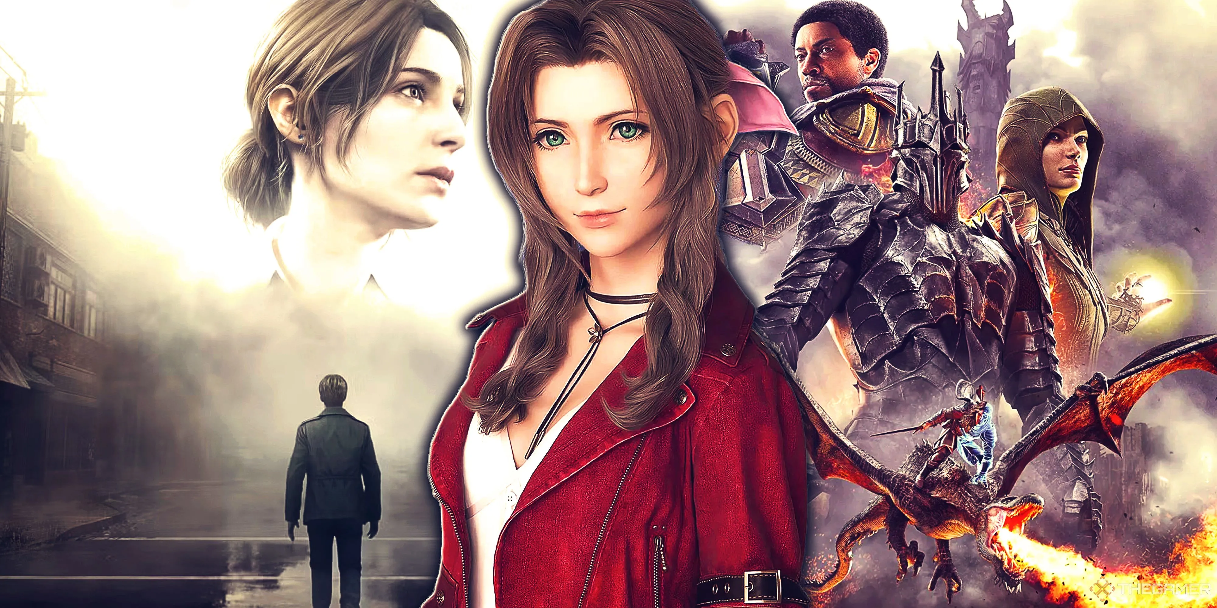 Hình ảnh tổng hợp từ các game nổi tiếng như Silent Hill 2 Remake, Final Fantasy 7 Remake và Middle-earth Shadow of War, thể hiện sự đa dạng trong phong cách thiết kế nhân vật