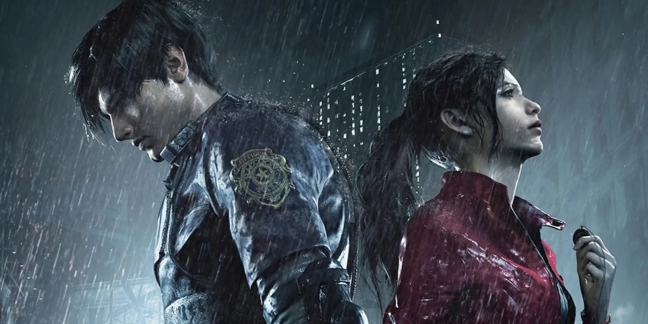 Leon Kennedy và Claire Redfield đứng tựa lưng trong Resident Evil 2 Remake