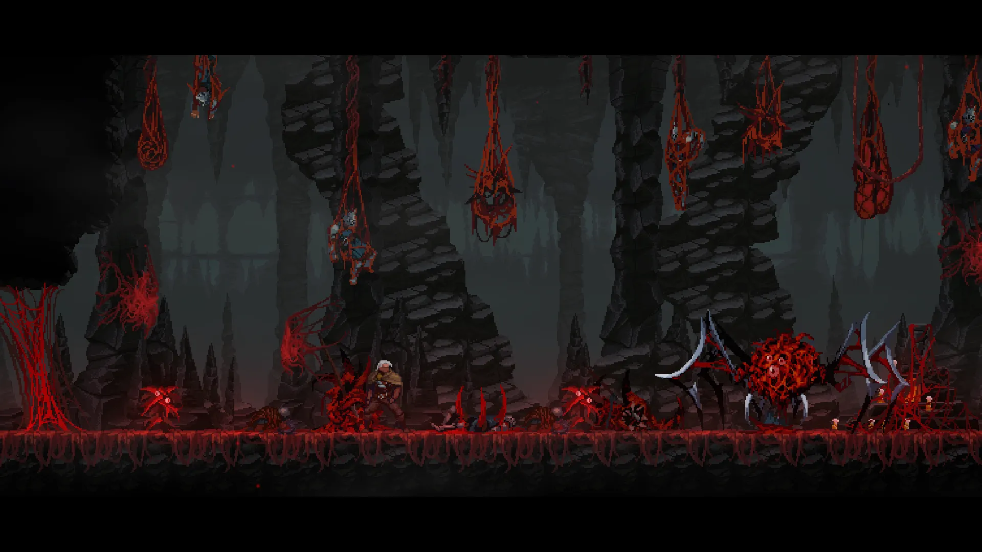 Môi trường hang động trong Dragon Is Dead với phong cách pixel art.