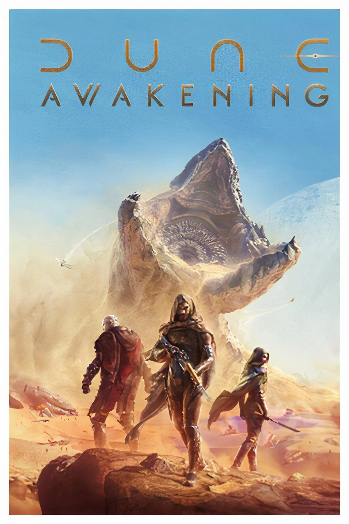Một cảnh tổng hợp về các hoạt động trong game Dune Awakening, bao gồm chiến đấu và khám phá sa mạc Arrakis