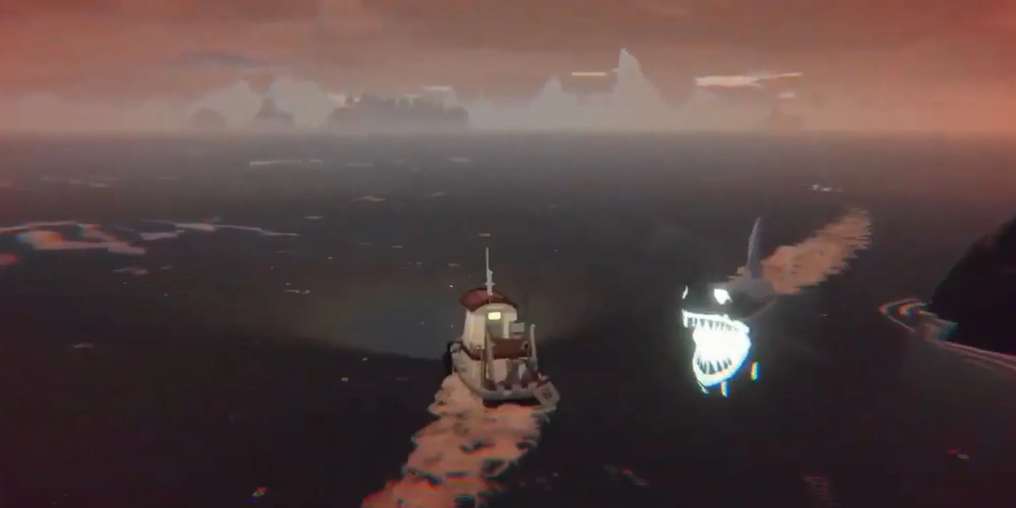 Một con cá mập ma quái bí ẩn xuất hiện trong Dredge, gợi lên bầu không khí kinh dị Lovecraftian của game câu cá