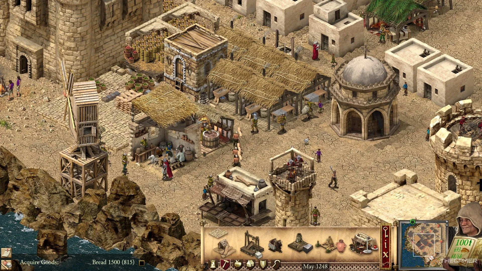 Một cụm lớn các lò bánh mì đang hoạt động sản xuất bánh trong Stronghold Crusader Definitive Edition, thể hiện chuỗi sản xuất lương thực hiệu quả và tầm quan trọng của việc tối ưu hóa.