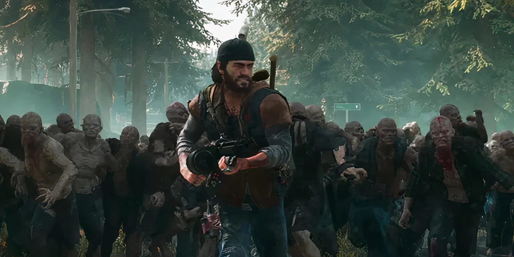 Một đàn Freakers khổng lồ đang lao tới Deacon St. John trong Days Gone, thể hiện quy mô và sự hung hãn của bầy zombie