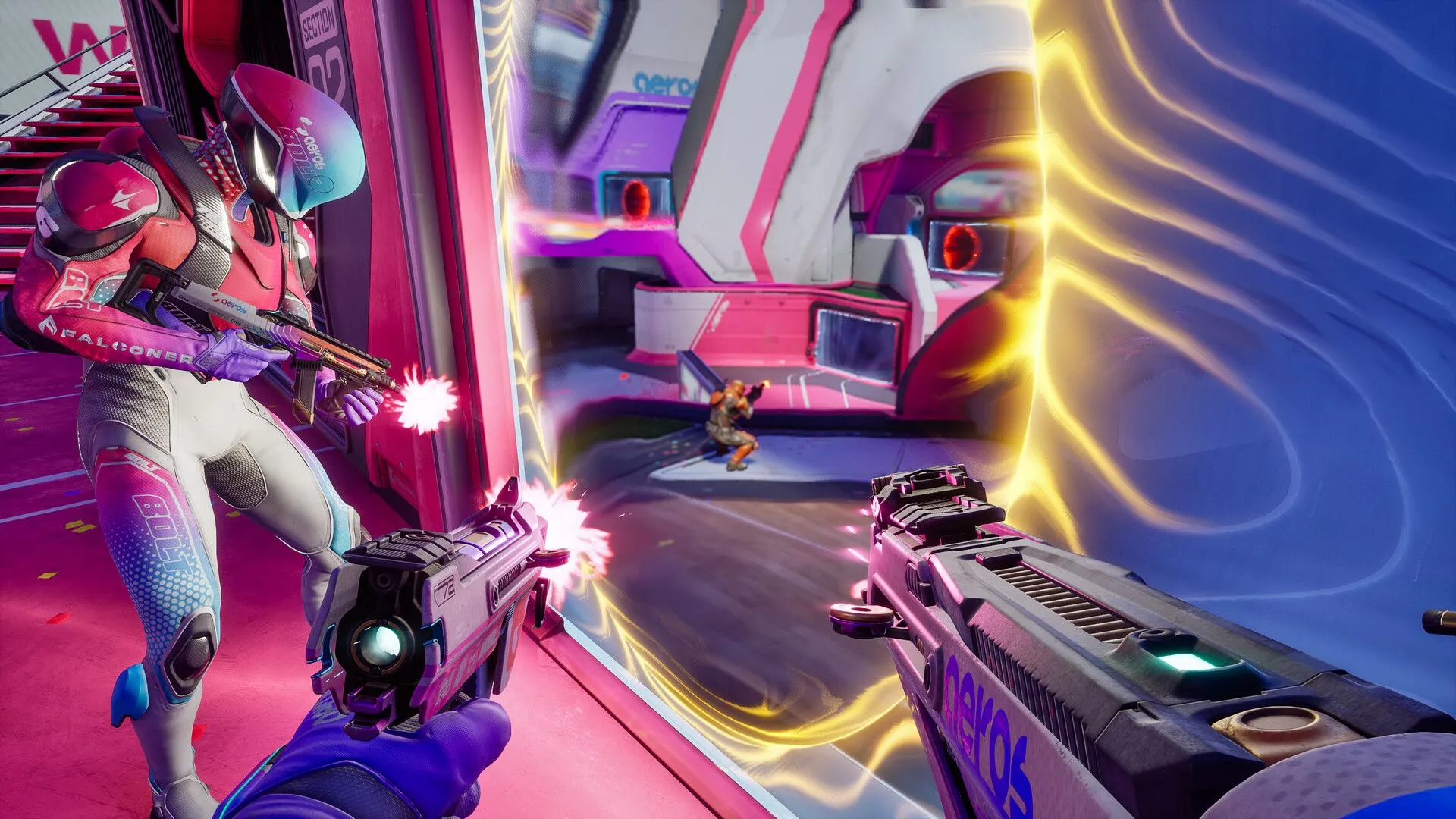 Một hình ảnh từ Splitgate 2, thể hiện đồ họa và không khí chiến đấu căng thẳng trong game.