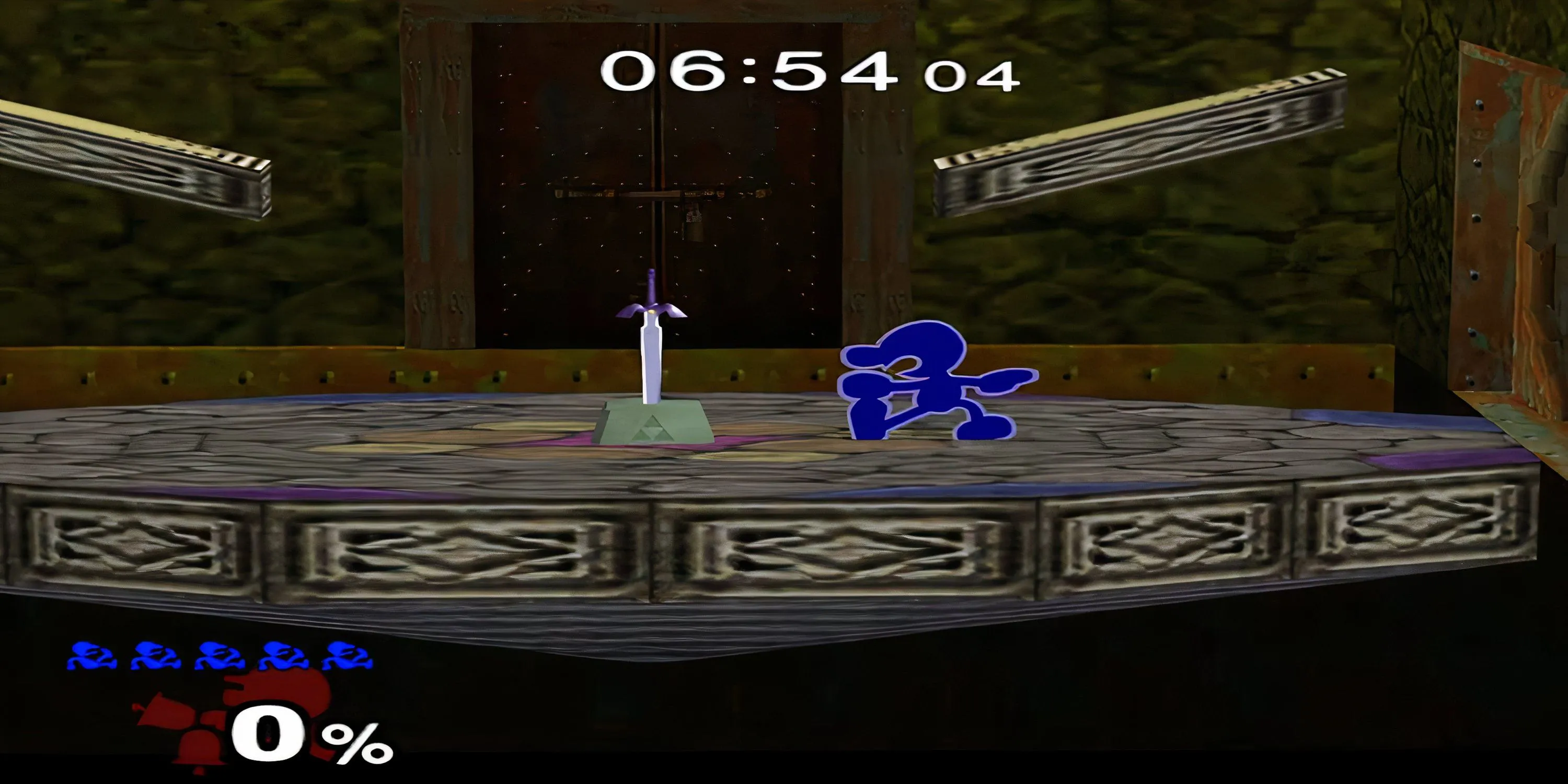 Mr. Game &amp; Watch tiến gần đến thanh Master Sword trong chế độ phiêu lưu của Super Smash Bros. Melee