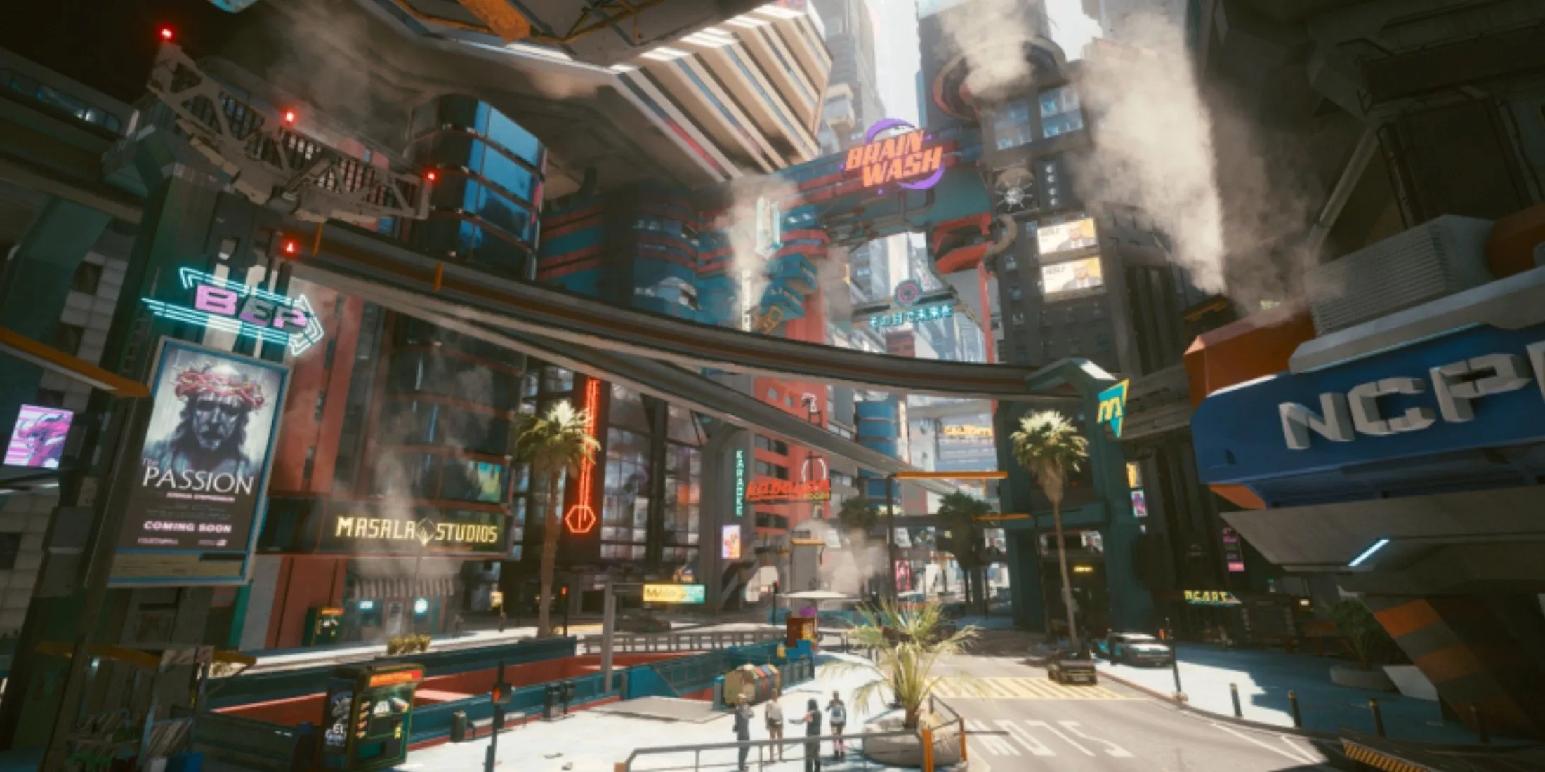 Những con phố tràn ngập ánh đèn neon và biển hiệu quảng cáo của Night City, Cyberpunk 2077