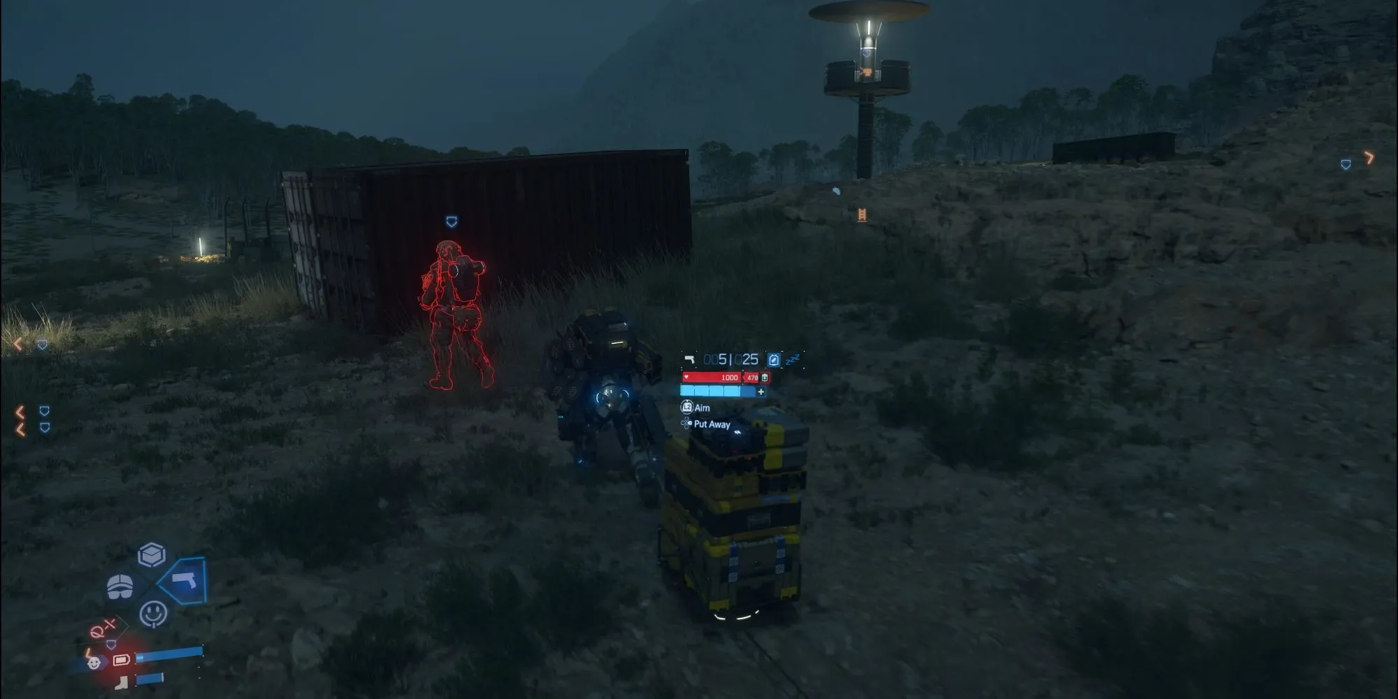 Sam Bridges đối mặt với kẻ thù người trong Death Stranding 2, sử dụng một khẩu súng.