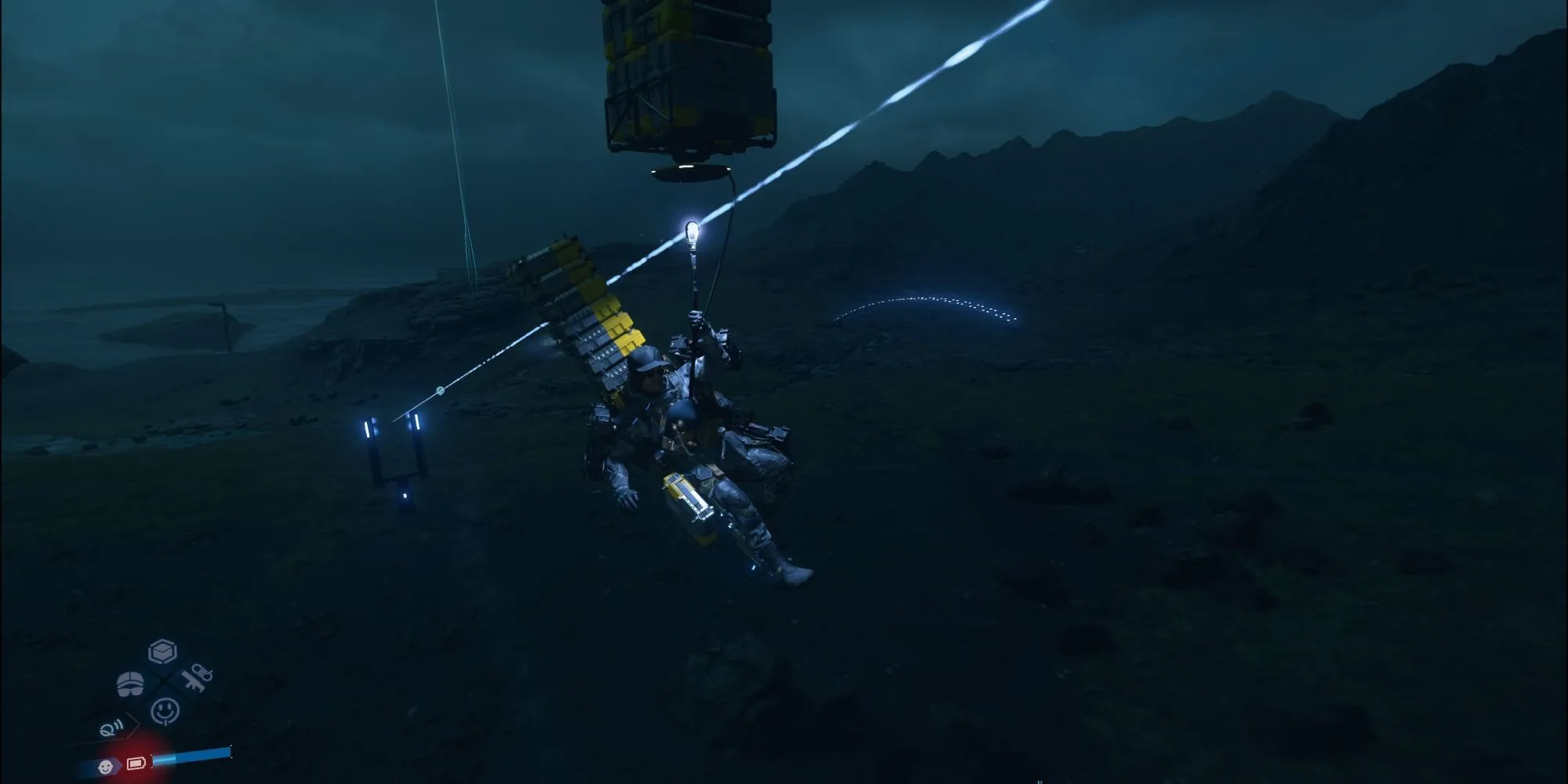 Sam Bridges sử dụng một thiết bị để vượt qua địa hình trong Death Stranding 2.
