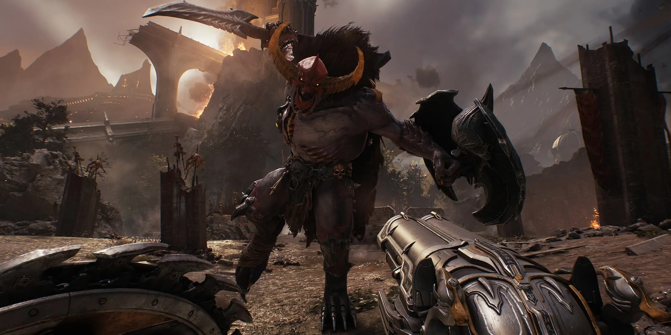 Tấm khiên và Super Shotgun, hai vũ khí đặc trưng trong Doom: The Dark Ages, minh họa lối chơi cận chiến và tầm xa của game bắn súng này
