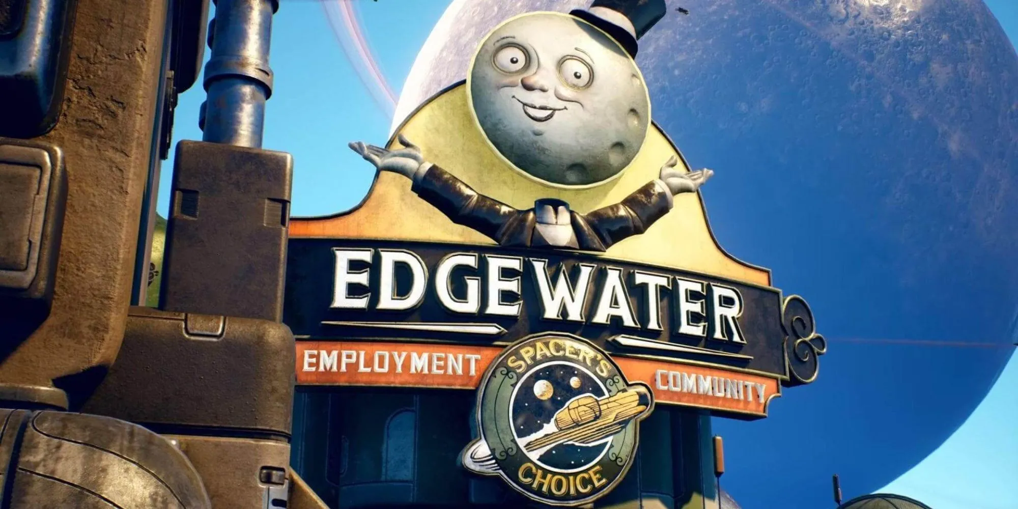 Thành phố Edgewater đầy màu sắc trong The Outer Worlds, bối cảnh cho tựa game RPG được Obsidian cắt giảm giá.