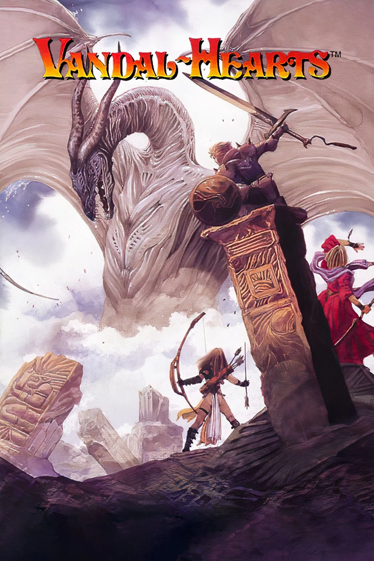 Vandal Hearts, một tựa game nhập vai chiến thuật cổ điển với đồ họa pixel đặc trưng của PlayStation 1, thể hiện trận chiến trên bản đồ lưới ô