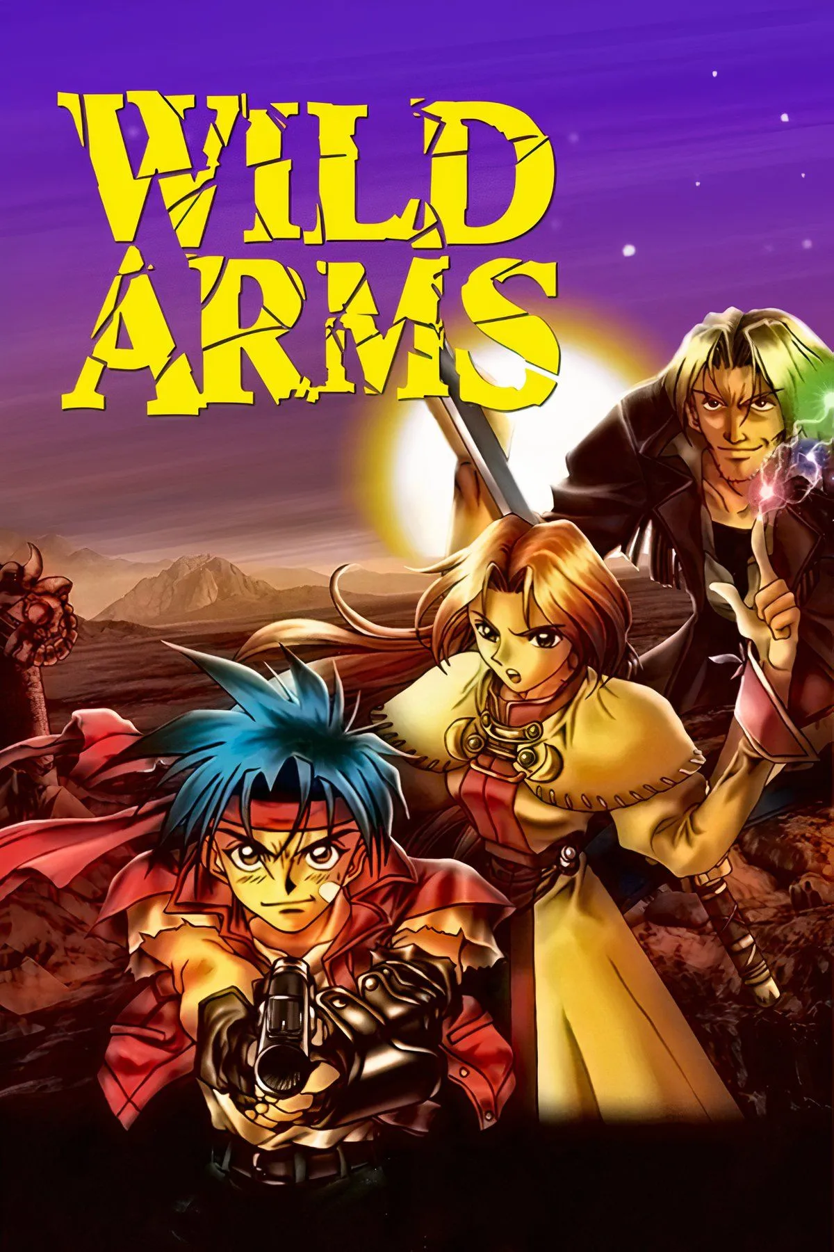 Wild Arms, tựa JRPG pha trộn yếu tố Viễn Tây và giả tưởng, với các nhân vật sử dụng vũ khí đa dạng như súng và kiếm trong bối cảnh đồ họa pixel cổ điển