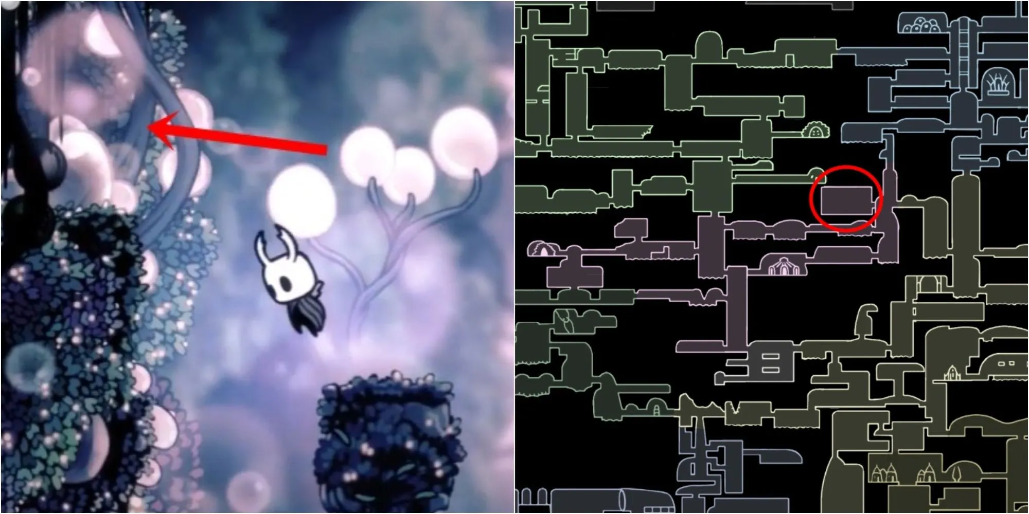 Bản đồ chỉ dẫn khu vực ẩn chứa Charm Notch tại Fog Canyon trong Hollow Knight