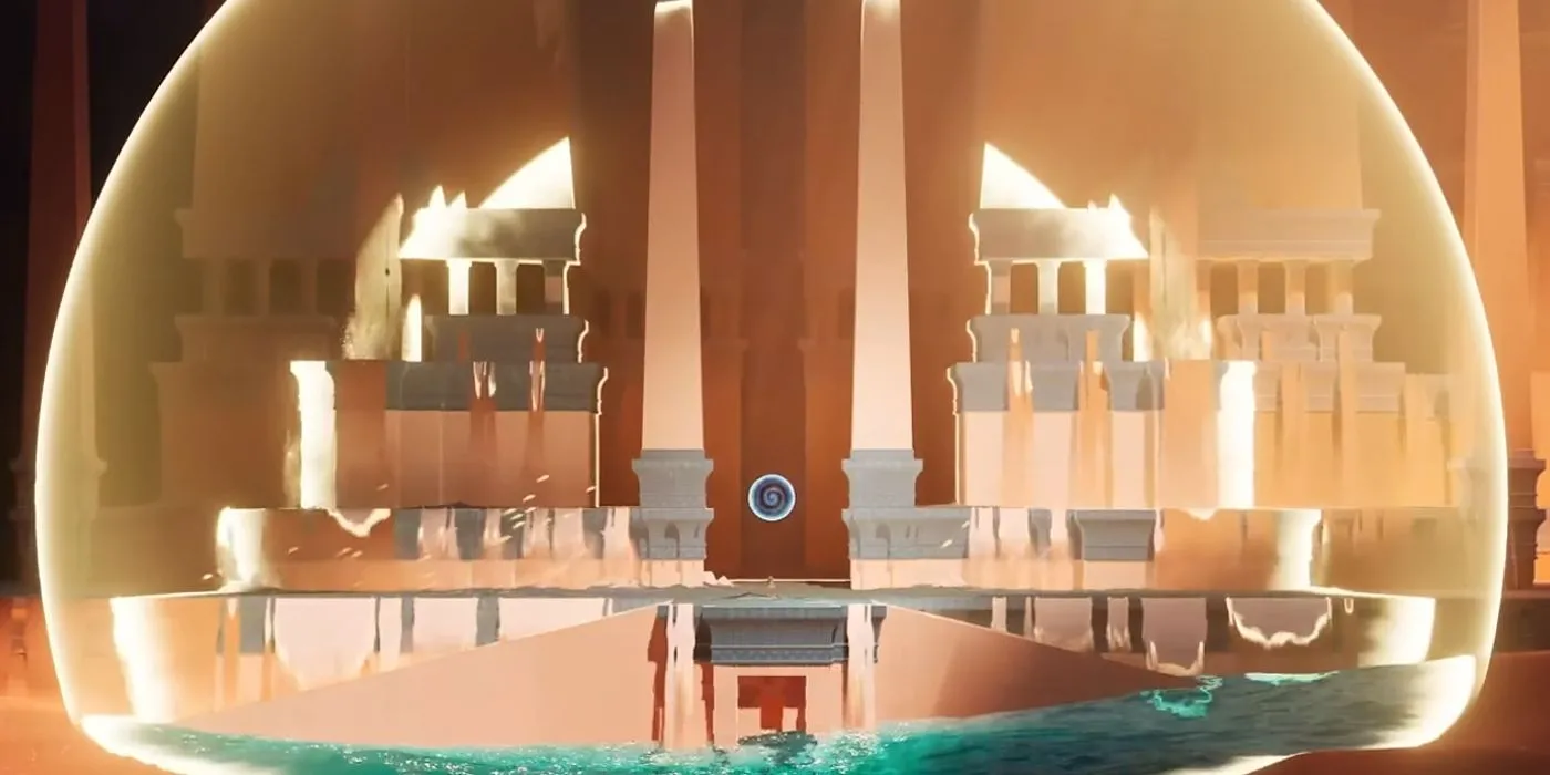 Bối cảnh cồn cát hoang vắng trong Sword of the Sea, nhấn mạnh cơ chế lướt ván kiếm độc đáo