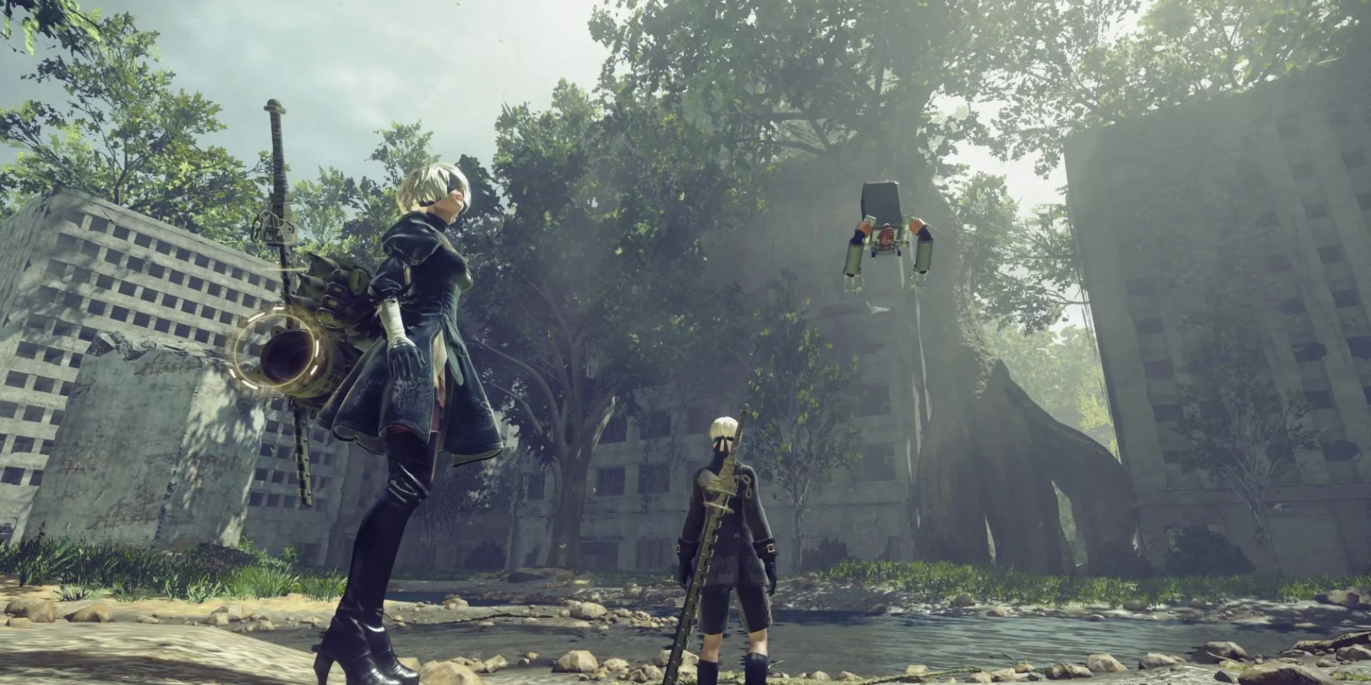 Các Android 2B và 9S trong NieR: Automata, đứng giữa một thế giới đổ nát hậu tận thế, biểu trưng cho câu chuyện triết lý sâu sắc