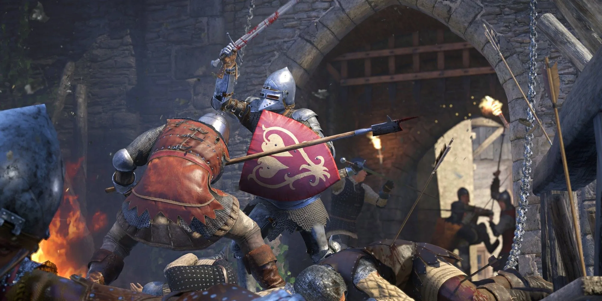 Cảnh chiến đấu bao vây trong Kingdom Come: Deliverance 2, nơi sự chân thực và cơ chế save độc đáo với Saviour Schnapps giúp người chơi vượt qua khó khăn.