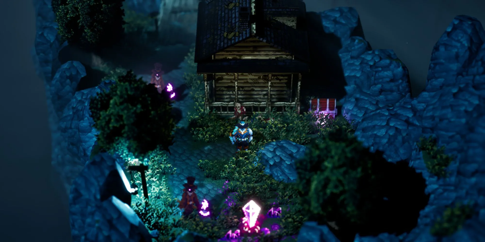 Cảnh gameplay Absym với đồ họa 2D-HD phong cách JRPG, nhân vật đang chiến đấu trong môi trường fantasy u tối.