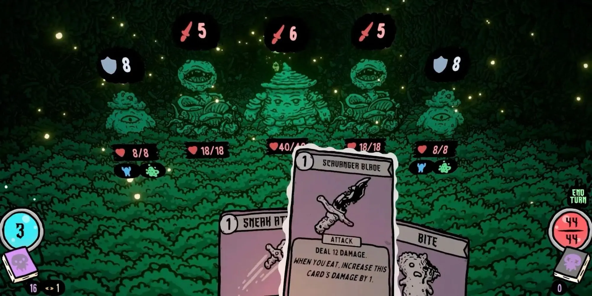 Cảnh gameplay Shroom and Gloom, thể hiện các lá bài và trận chiến theo lượt với kẻ thù nấm độc đáo, đồ họa vẽ tay.