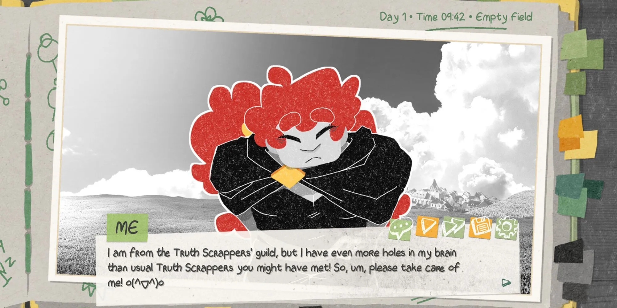 Cảnh gameplay Truth Scrapper, nhân vật chính đang tương tác với NPC trong một thế giới bí ẩn để giải quyết vụ án.