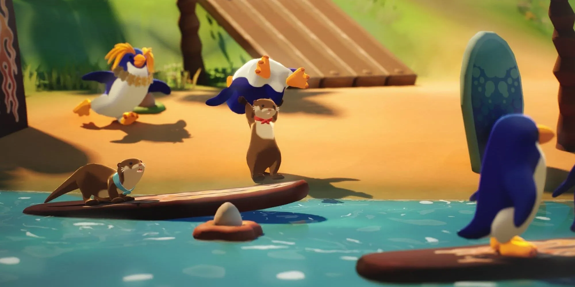 Chú rái cá tinh nghịch ném chim cánh cụt trong That One Otter Game