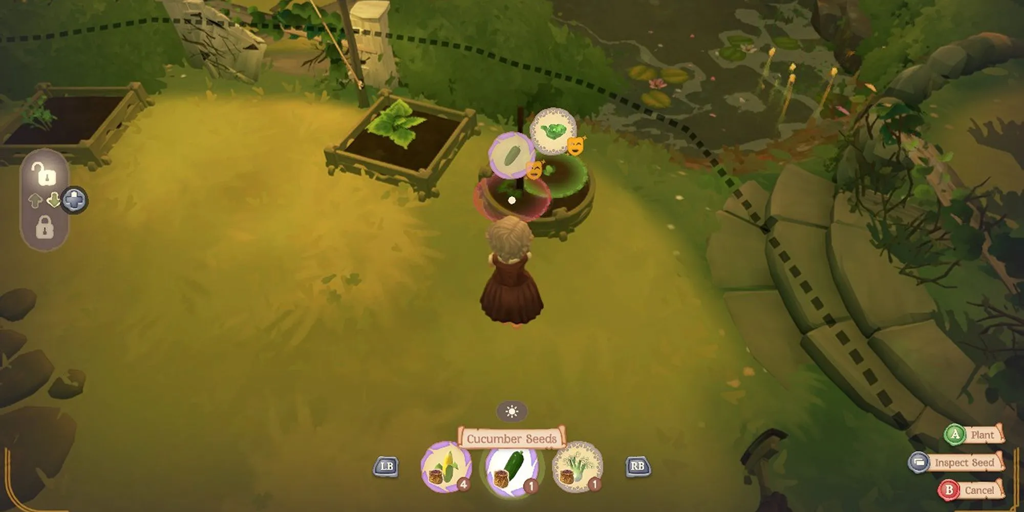 Giao diện làm vườn trong Tales of the Shire, hiển thị sự tương thích giữa các loại cây.