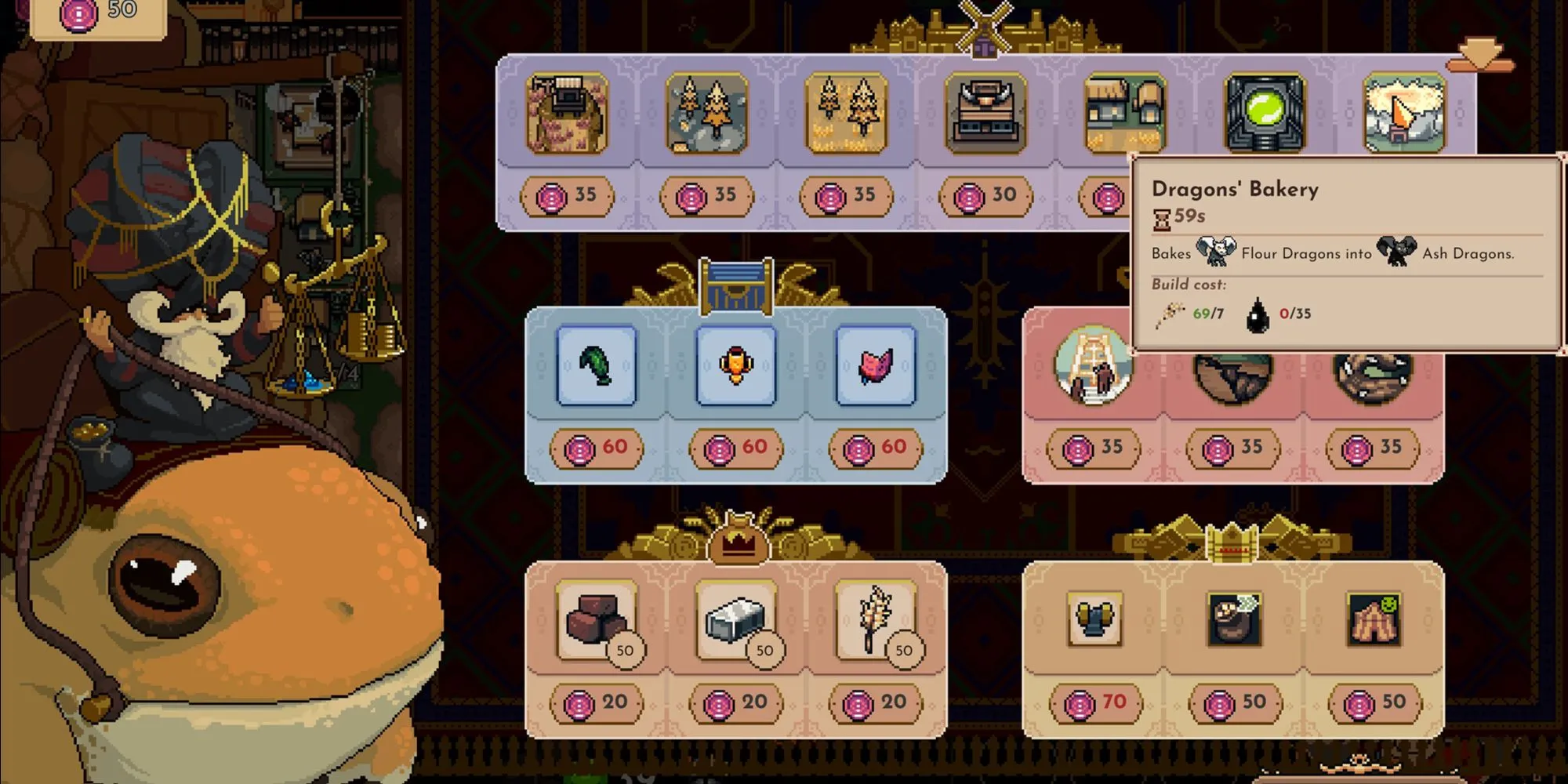 Giao diện menu của thương nhân với lựa chọn mua Dragon Bakery trong The King is Watching