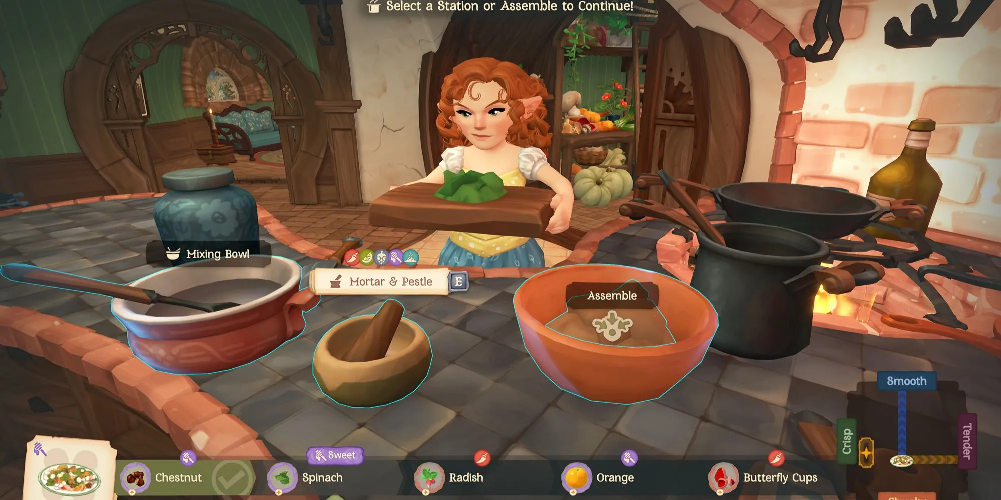 Giao diện nấu ăn chính thức trong Tales of the Shire, với các nguyên liệu tươi ngon.