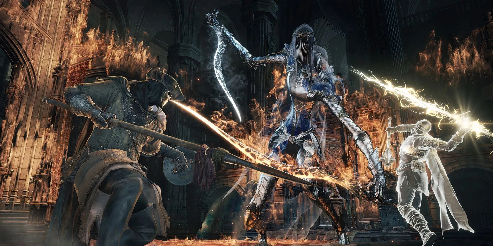 Hiệp sĩ Ashen One và linh hồn triệu hồi cùng chiến đấu với Dancer of the Boreal Valley trong Dark Souls 3