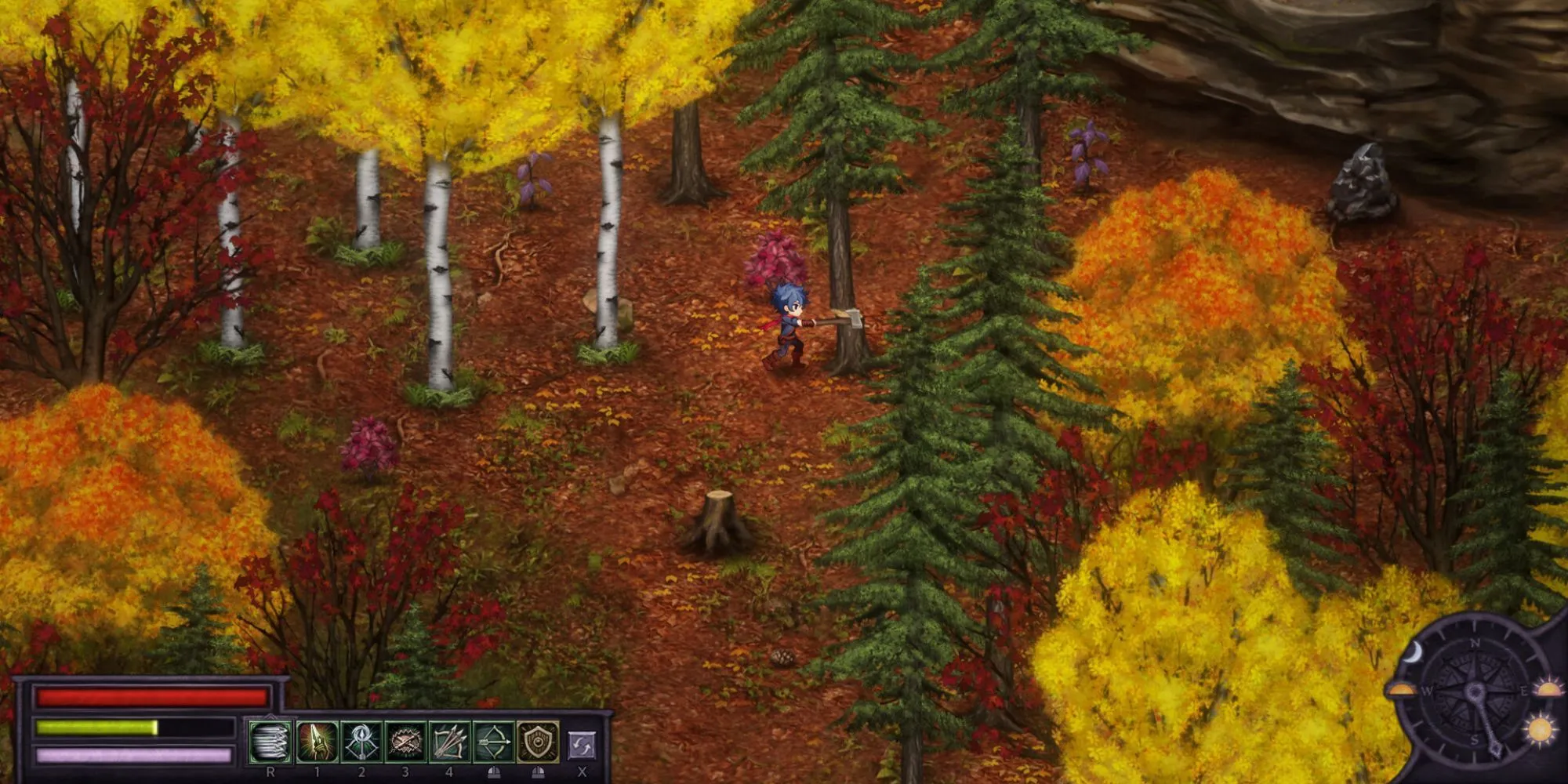 Hình ảnh gameplay Bleaklight Falls với đồ họa pixel dễ thương, nhân vật đang chiến đấu trong rừng ban đêm đầy quái vật.