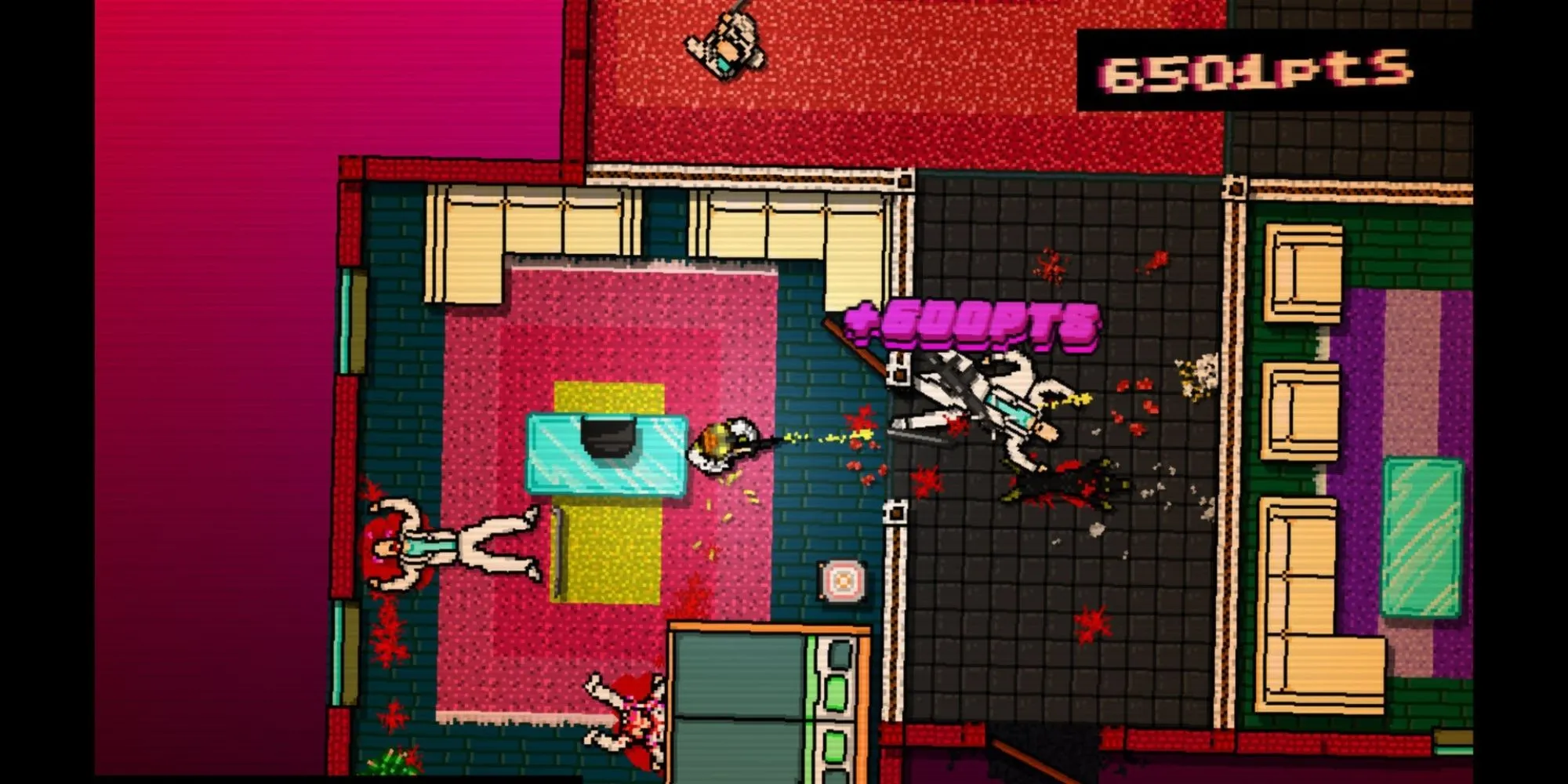 Hotline Miami với góc nhìn từ trên xuống, nhân vật chính đang tấn công kẻ địch trong một căn phòng đầy màu sắc neon
